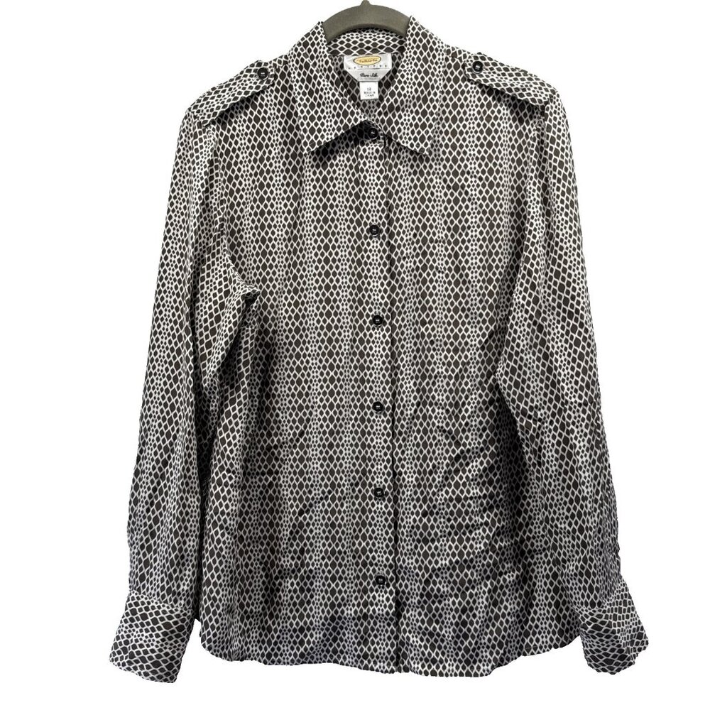 Talbots Women's‎ Blouse Petite 12 12P Brown Military Button Up Long Sleeve Silk